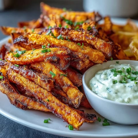 Luftgebratene Süßkartoffelstäbchen mit rauchiger Paprika-Note, perfekt kombiniert mit einem würzigen Zwiebeldip.  