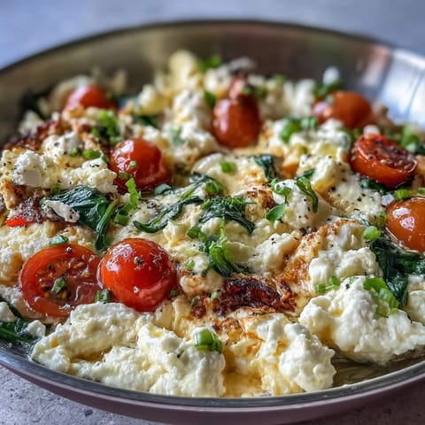 Ein farbenfroher, herzhafter Rührei-Mix mit Cottage Cheese und frischem Gemüse für einen gesunden Start in den Tag.  