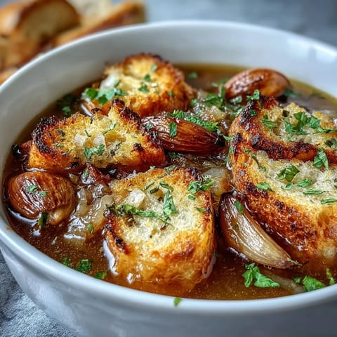 Geroesteter Knoblauch Zwiebelsuppe #1394