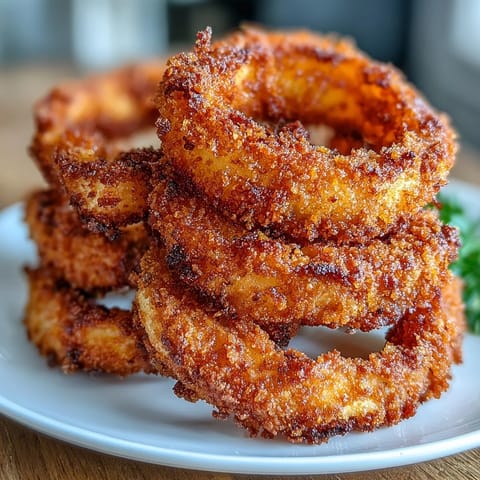 Knusprige goldene Zwiebelringe mit rauchigem Paprikadip, ein unwiderstehlicher Snack, der leichter als die frittierte Version ist.