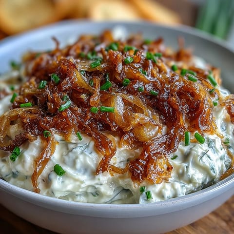 Köstlicher griechischer Joghurt-Dip mit karamellisierten Zwiebeln, perfekt für Partys und Snacks.