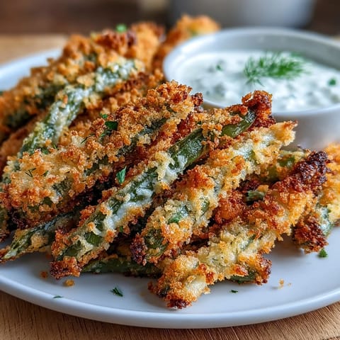 Knusprige grüne Bohnen-Fritten aus dem Heißluftfritteuse mit goldbrauner Panade und cremigem Ranch-Joghurt-Dip.  