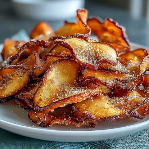 Knusprige Apfelchips mit Zimt-Zucker, luftgebacken für einen gesunden Snack.