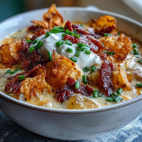 Herzhafte, käsig-cremige Suppe mit Kartoffeln, Speck und knusprigen Kartoffelchips als Topping.