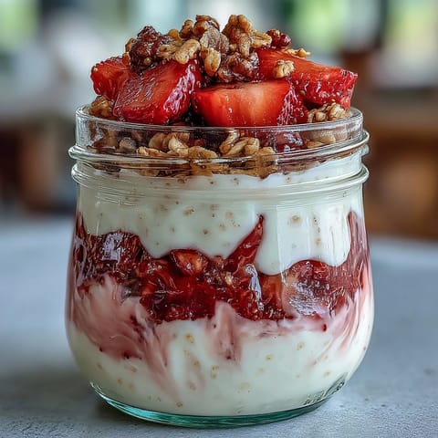 CREAMY OVERNIGHT OATS MIT VANILLEJOGHURT UND FRISCHEN STRAWBERRIES, GESCHICHTET WIE EIN KLASSISCHER STRAWBERRY SHORTCAKE.  
