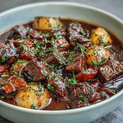 Herzhafte Rindfleisch-Eintopf mit Wurzelgemüse in einer tiefen Schüssel, mit zartem Rindfleisch und bunten Gemüsesorten.
