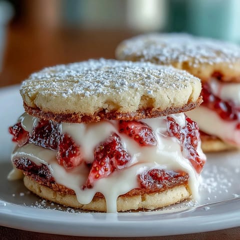 Klassische Erdbeertörtchen-Kekse mit cremiger Vanillefüllung, perfekt für Dessert-Liebhaber und Sommerpartys.  