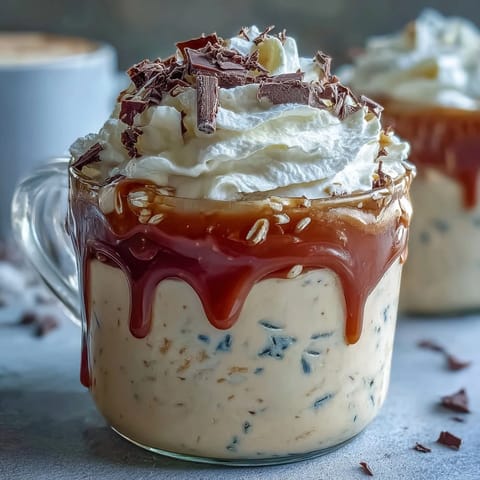 1. Cremige Vanille-Frappuccino-Übernacht-Haferflocken in einem Glas, geschichtet mit Joghurt und mit Schlagsahne und Schokoraspeln garniert.  