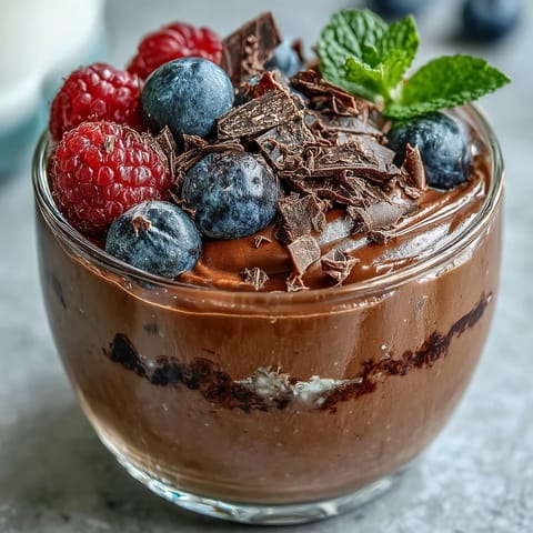 1. Cremige Cottage Cheese Chocolate Mousse Cups mit frischen Beeren in kleinen Gläsern, garniert mit Himbeeren, Blaubeeren und Minze.  