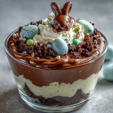 Oster-Hase-Schmutzbecher mit Schokoladenpudding und Oreos: Eine verspielte, no-bake Nachspeise mit Schichten aus reichhaltigem Schokoladenpudding, zerbröselten Oreos und festlichen Osterhasen-Dekorationen.