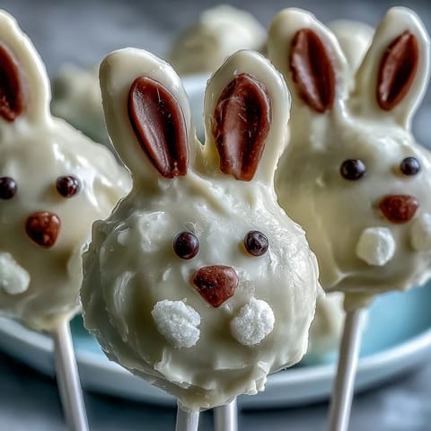1. Süße Oster-Häschen Cake Pops mit cremiger weißer Schokoladenglasur und bunten Deko-Details.  