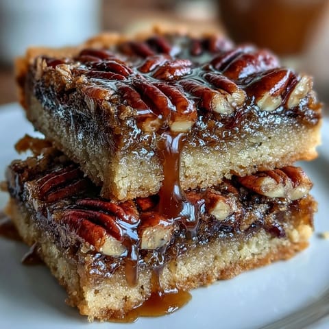 1. Kentucky Derby Pecan Pie Bars mit brauner Zucker-Kruste, gefüllt mit klebrigen Pekannüssen und Bourbon-Aroma, auf einem goldgelben Shortbread-Boden.  
