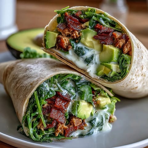 Gesunde und einfache 5-Zutaten Avocado-Thunfisch-Wraps mit cremiger Füllung und frischem Spinat, in Vollkorn-Tortillas gerollt.