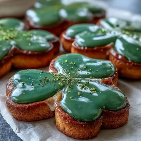 Zierliche St. Patrick's Day Zuckerkekse in Kleeblattform mit leuchtend grüner Royal Icing.