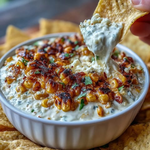 Saftiger Elote-Dip mit Tortilla-Chips, mit geröstetem Mais, Cotija-Käse und Limette, perfekt für mexikanische Vorspeisen.