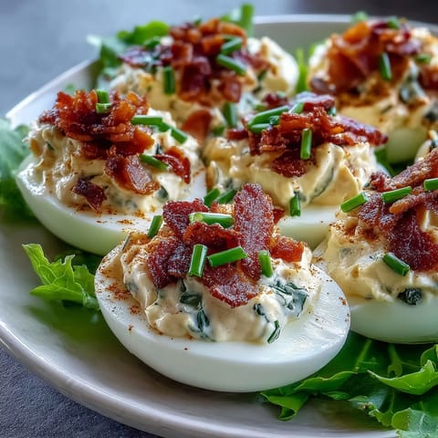 BLT Deviled Eggs mit knusprigem Bacon-Topping: cremige Eier-Hälften mit frischem Salat und Tomaten.