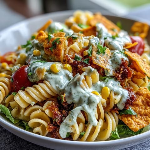 Taco Pasta Salat mit Doritos und Avocado Ranch Dressing in einer bunten Schüssel