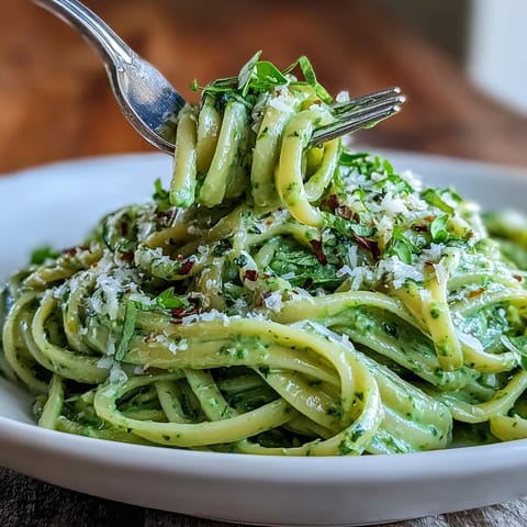 Cremige Avocado-Pesto-Pasta mit frischem Basilikum und Pinienkernen auf dem Teller serviert.