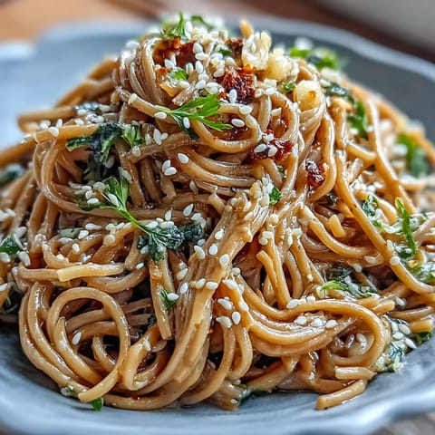 Kalte Soba-Nudelsalat mit Ingwer-Sesam-Dressing, erfrischend knackig, perfekt für einen leichten Lunch.
