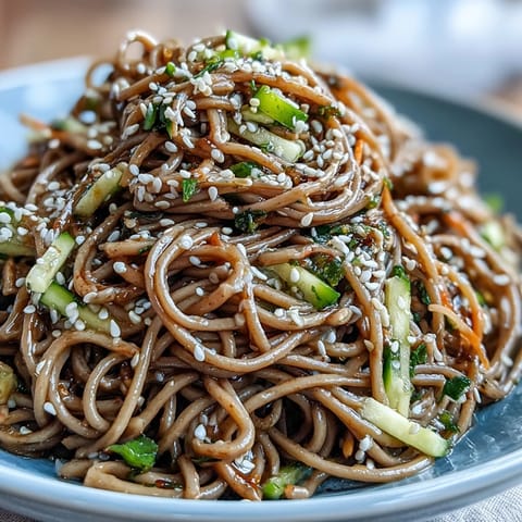 Genießen Sie diesen Soba-Nudelsalat mit sesamiger Ingwer-Note, eine belebende Hauptspeise.
