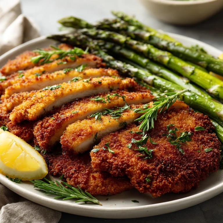 Ein Plate mit Pork Schnitzel und Asparagus.