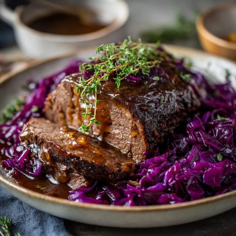 Ein Stück Sauerbraten mit Sauce und Red Cabbage auf einem Teller.