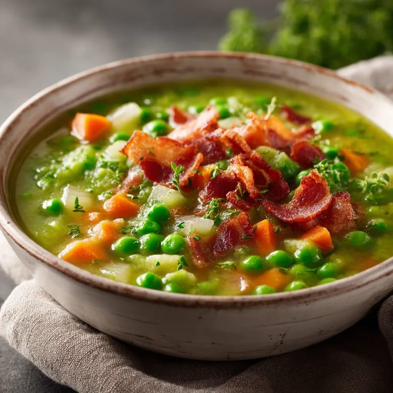 Ein rustikales Peasuppe mit Bacon-Streifen.