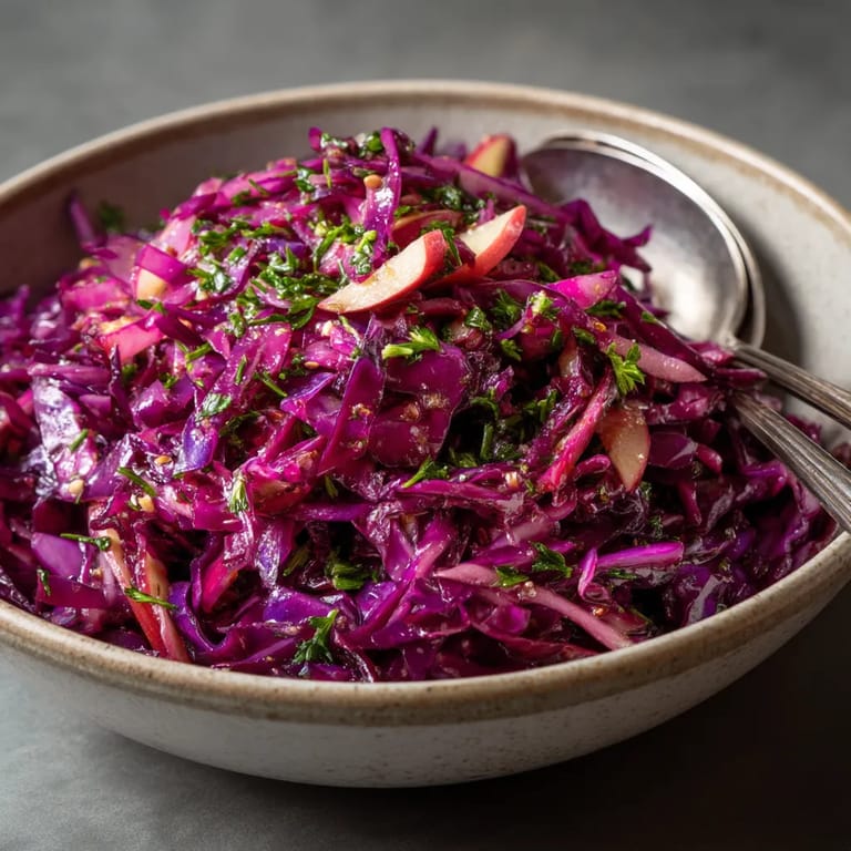 Ein Becher mit einer Mischung aus roten Kohl, Apfel und Zwiebeln.