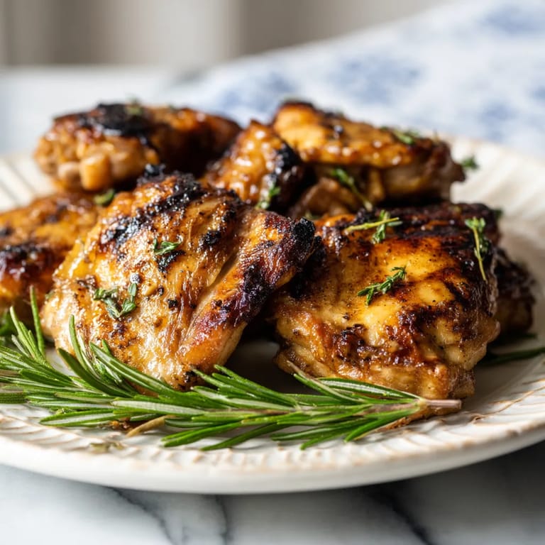 Ein weißer Teller mit gegrilltem Chicken, das in einer Bier-Marinaden aufgetaucht wurde.
