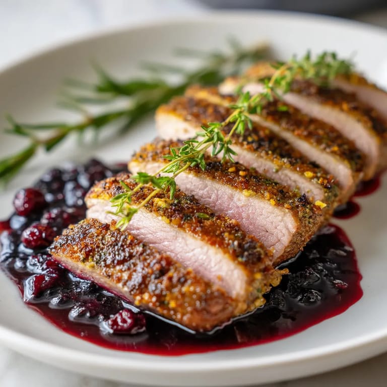 Ein Duckbrust mit einer Kruste aus Kräutern auf einem Teller.