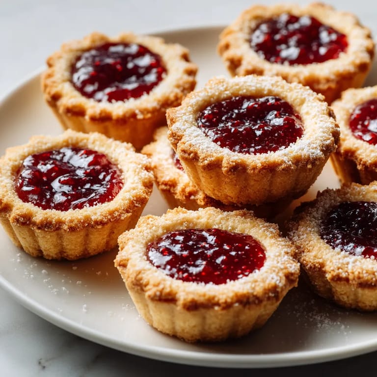 Ein weißer Teller mit sechs Mini-Linzer-Tartlets, die mit Raspberry-Jam gefüllt sind.