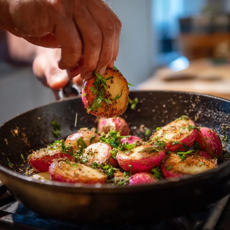 Ein Pan mit frisch zubereiteten Radishes, die mit Caraway-Samen garniert sind.