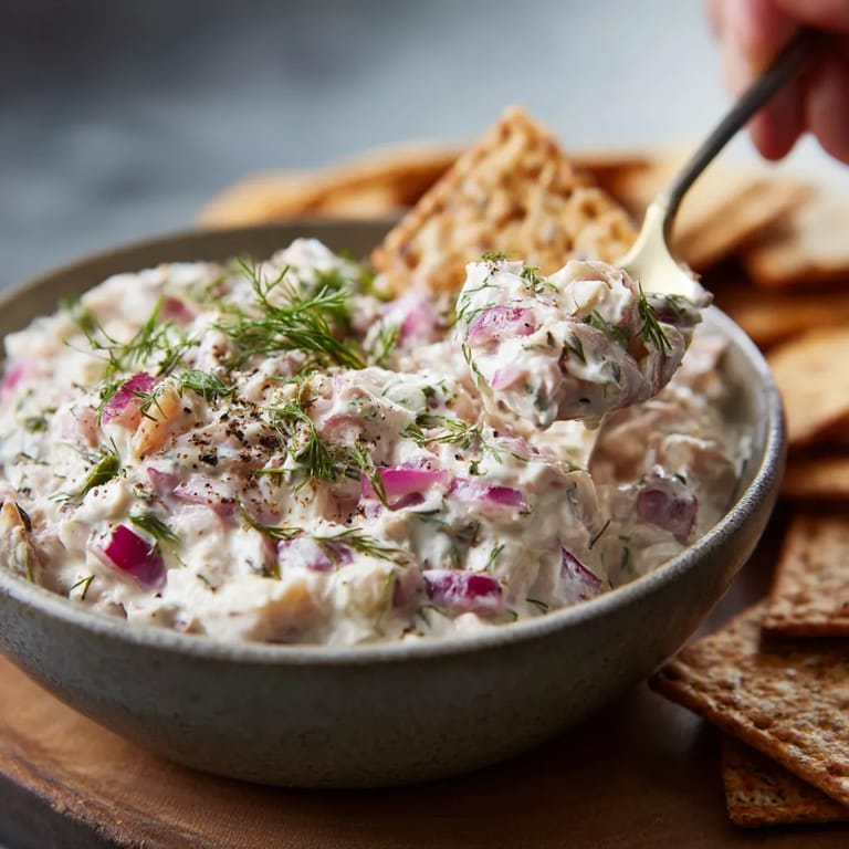Ein Schälchen mit Buttermilch Herring Dip und Rye Crackers.