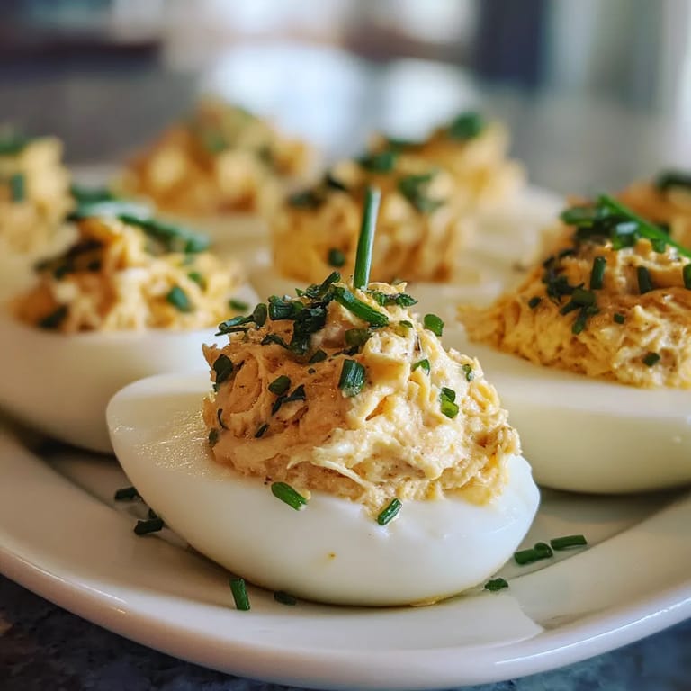 Eine Platte mit sechs Crab-Stuffed Deviled Eggs.