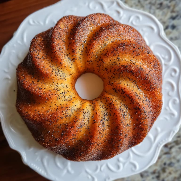 Ein Bundt-Kuchen mit einer runden Form und einer lemon-poppyseed-Füllung.