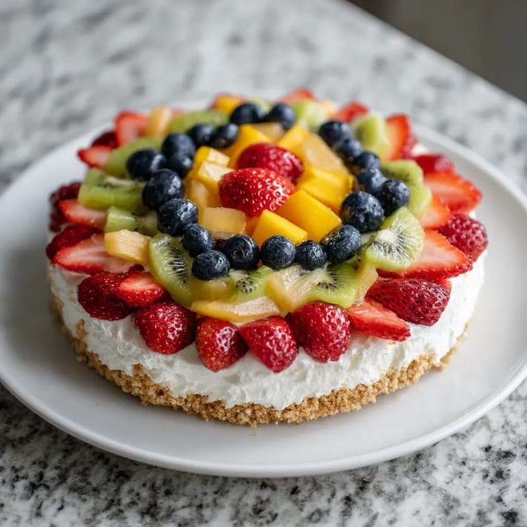 Eine Torte mit frischem Obst, die aus Yogurt und Früchten besteht.