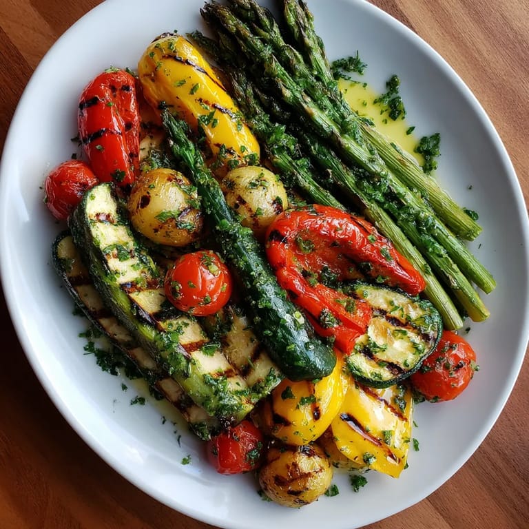 Eine Platte mit grillierten Frühlingsgemüse, darunter Paprika, Zucchini, Tomaten und Asparagus, garniert mit Herb-Butter.