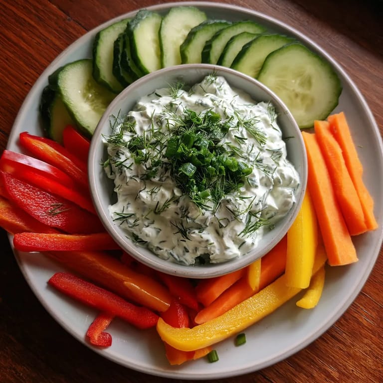 Ein weißer Teller mit einer Schüssel, die eine Mischung aus Quark und Zwiebeln enthält. Darunter liegen verschiedene Zwiebeln, darunter auch Karotten.