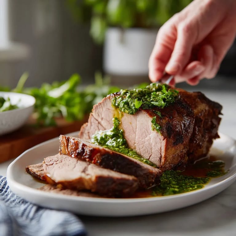 Ein Stück roastes Rindfleisch mit einer grünen Sauce darauf.