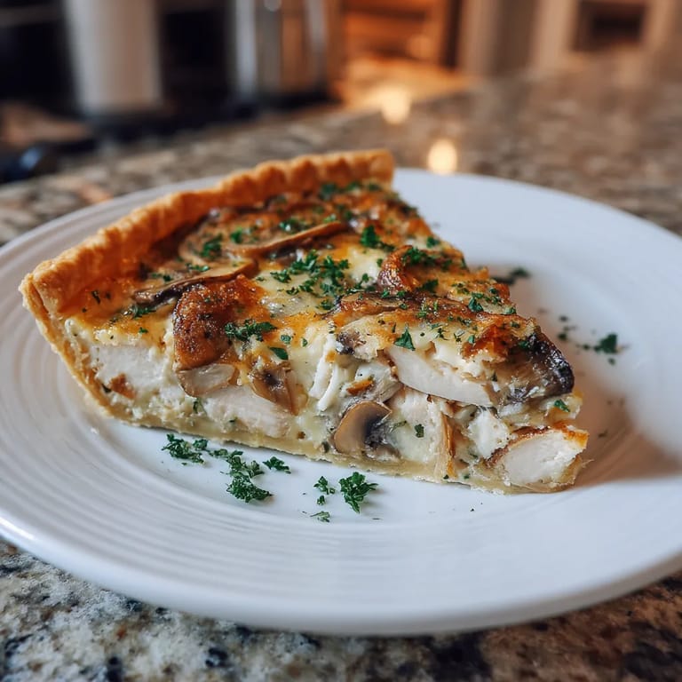 Eine Quiche mit Hähnchen, Pilz und Brie auf einem weißen Teller.