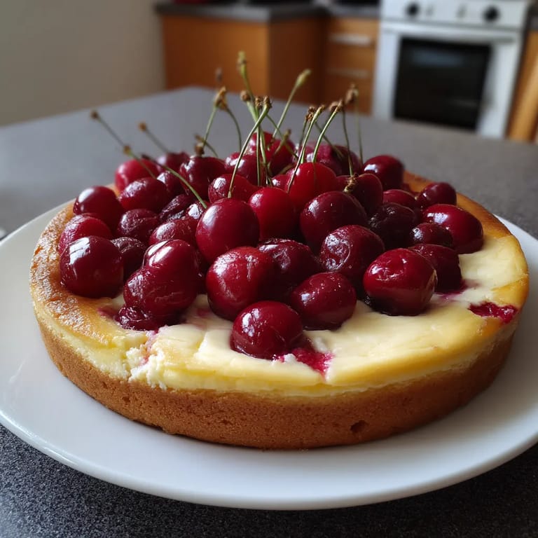 Ein Käsekuchen mit Kirschen auf einem weißen Teller.