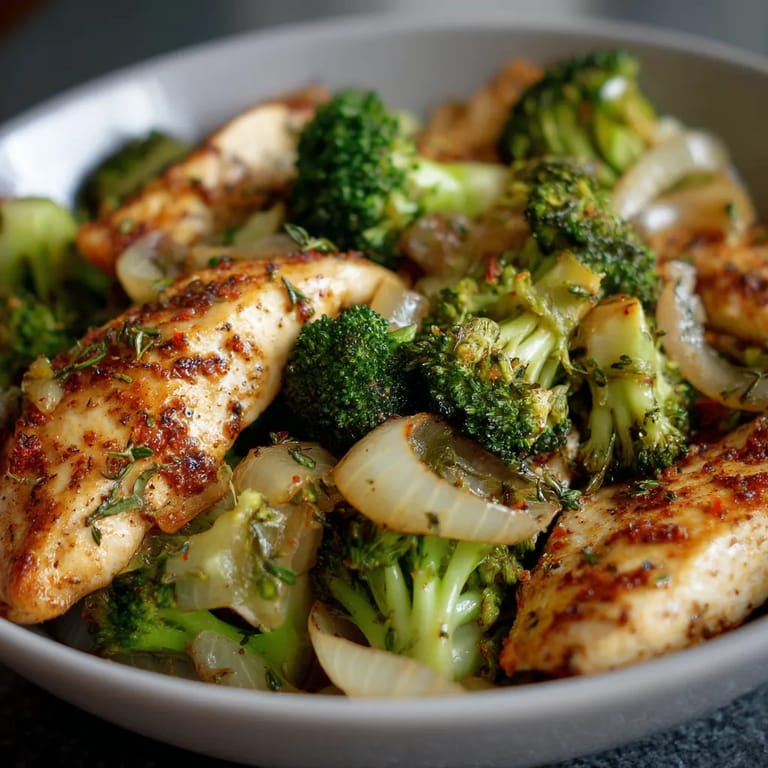 Ein Schüssel mit Hähnchenfilets und Brokkoli.