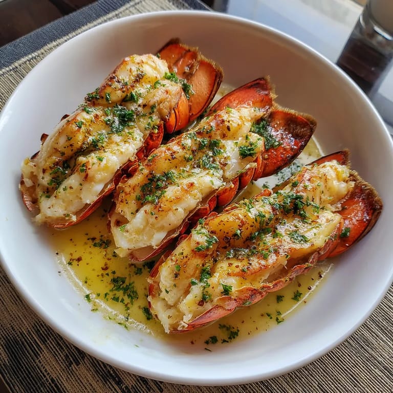 Ein weißer Teller mit Hummer-Schwänzen, die in einer cremigen Knoblauch-Butter-Sauce getaucht sind.
