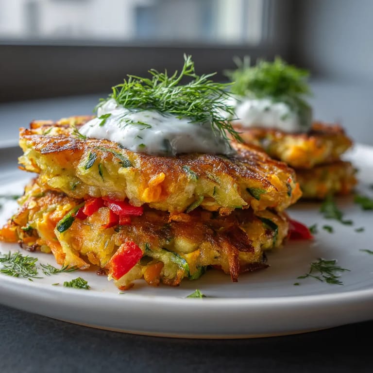 Eine Platte mit Rösti, die mit einer Sauce aus Yogurt und Dill garniert sind.