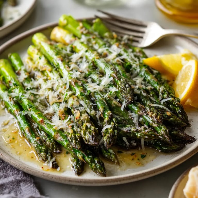 Ein grüner Spargel mit Parmesan und Zitronenvinaigrette auf einem Teller.