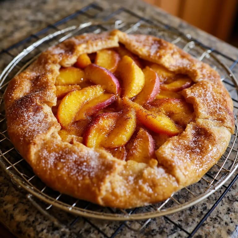 Eine Pfirsich-Galette mit Blätterteig auf einem Teller.