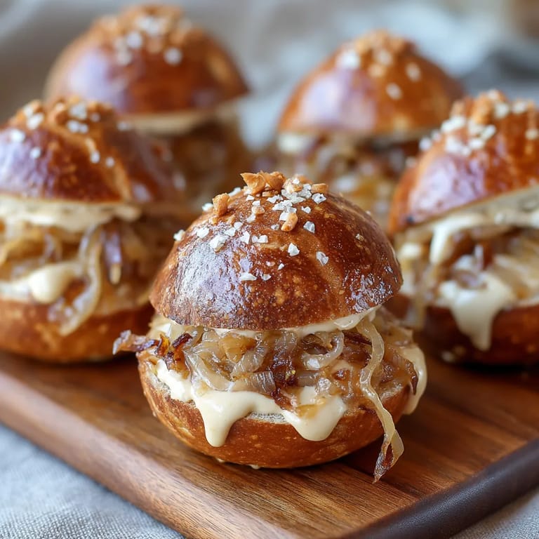 Mini Pretzel Buns mit Beer-Caramelized Onions und Mustard Cream.