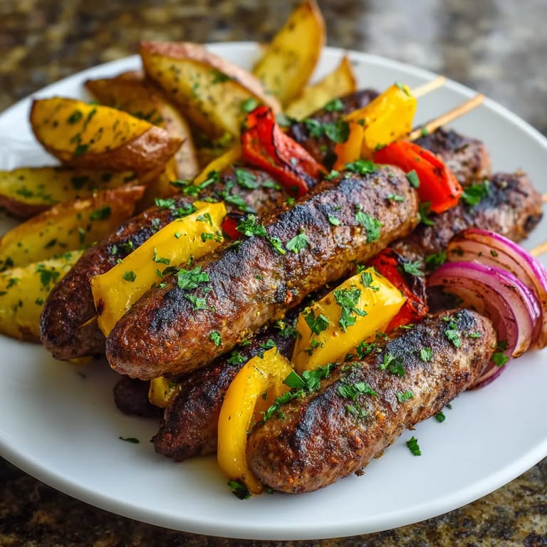 Eine Platte mit grillierten Sausage-Streifen und garnierten Paprika-Würfeln.