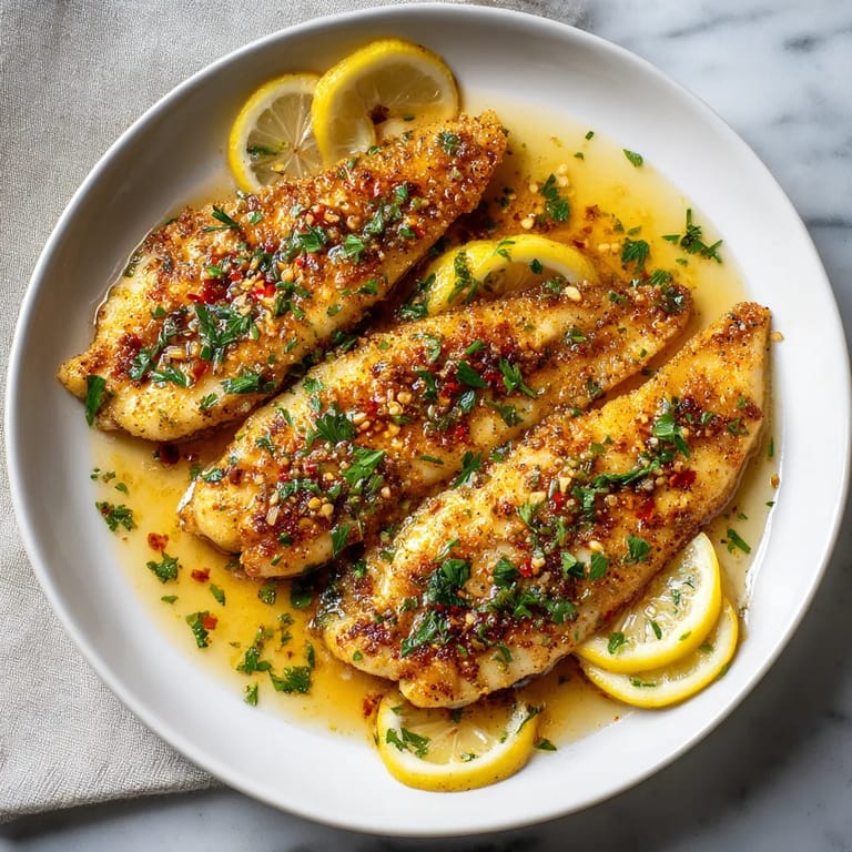 Ein weißer Teller mit Tilapia, die mit Zwiebeln und Knoblauch in einer Sauce garniert sind.