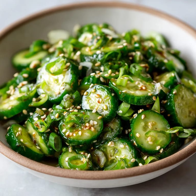 Ein weißer Becher mit einer Mischung aus grünen Zucchini, Sesam und Kräutern.